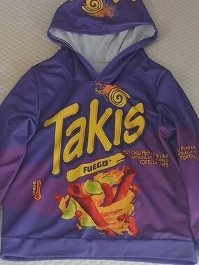 Takis Fuego Purple Kids Hoodie Top - Branded Graphic Pullover Size 7/8